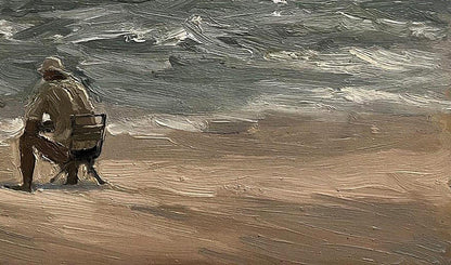 Oil painting Alone on the beach by Volodymyr Pashchenko: solitary figure on dark wooden directors chair at gray ocean edge