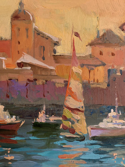 Oil painting Evening at the Yacht Club by Yuriy Suprunchuk sailboat scene