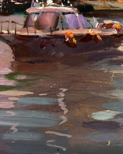 Oil painting of Yuriy Suprunchuk city sailboats with purple pink hull on dark water