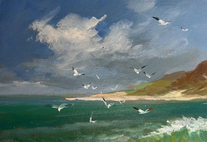 Vibrant oil painting by Yuriy Suprunchuk of seagulls over coastal scene