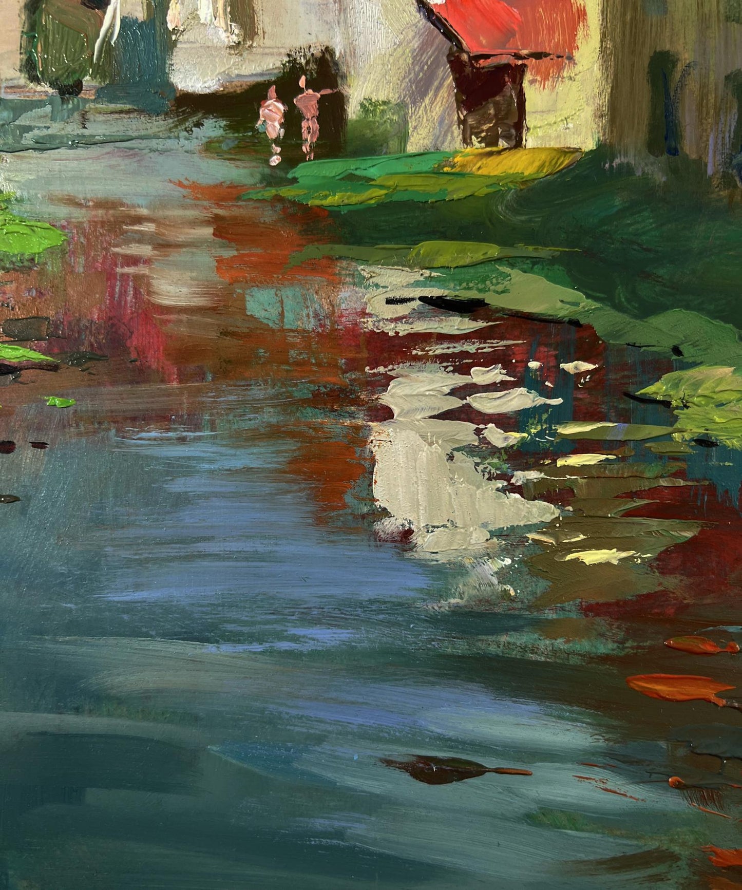 Vibrant impressionist oil painting of Yuriy Suprunchuk village stream canal