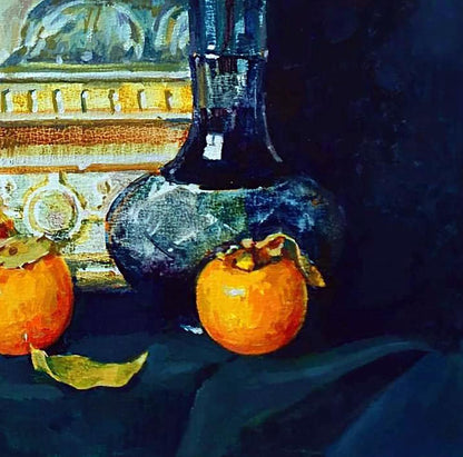 Oil painting by Anastasia Yaroshevich: dark glass vase and orange persimmons