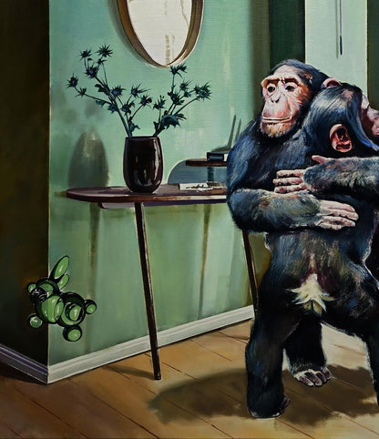 Oil painting by Igor Konovalov: two chimpanzees embracing warmly indoors