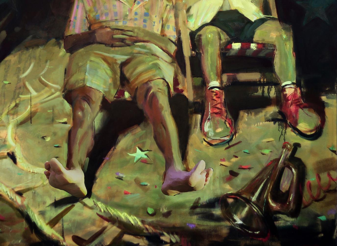 Oil painting Happy time Ed Potapenkov: bronze brass trumpet on ground