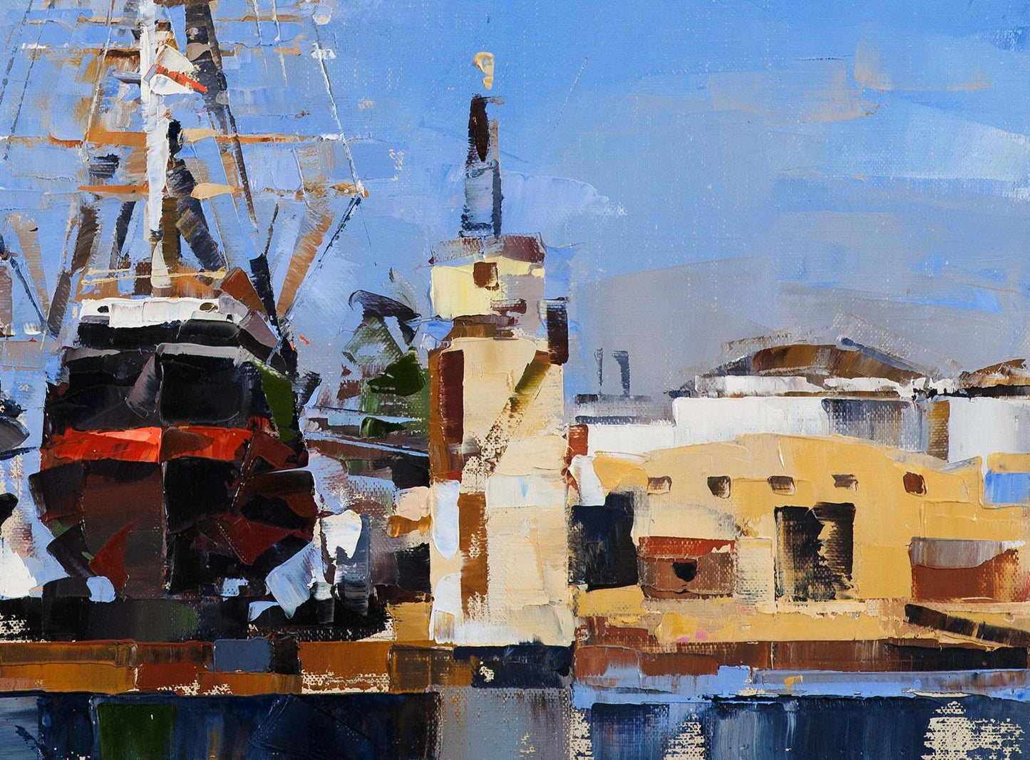 Abstract impressionist oil painting of Sailboat Star of India harbor by Volodymyr Gluhomanyuk