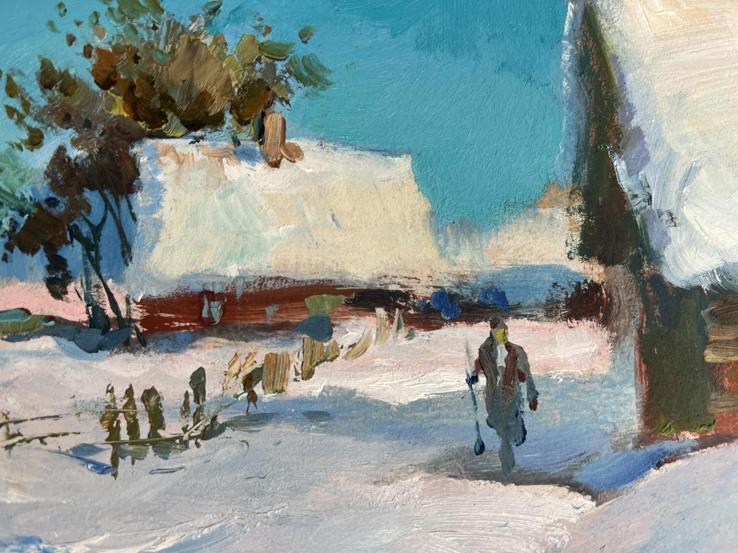 Oil painting Clearing snow from the yard by Yuriy Suprunchuk snowy landscape
