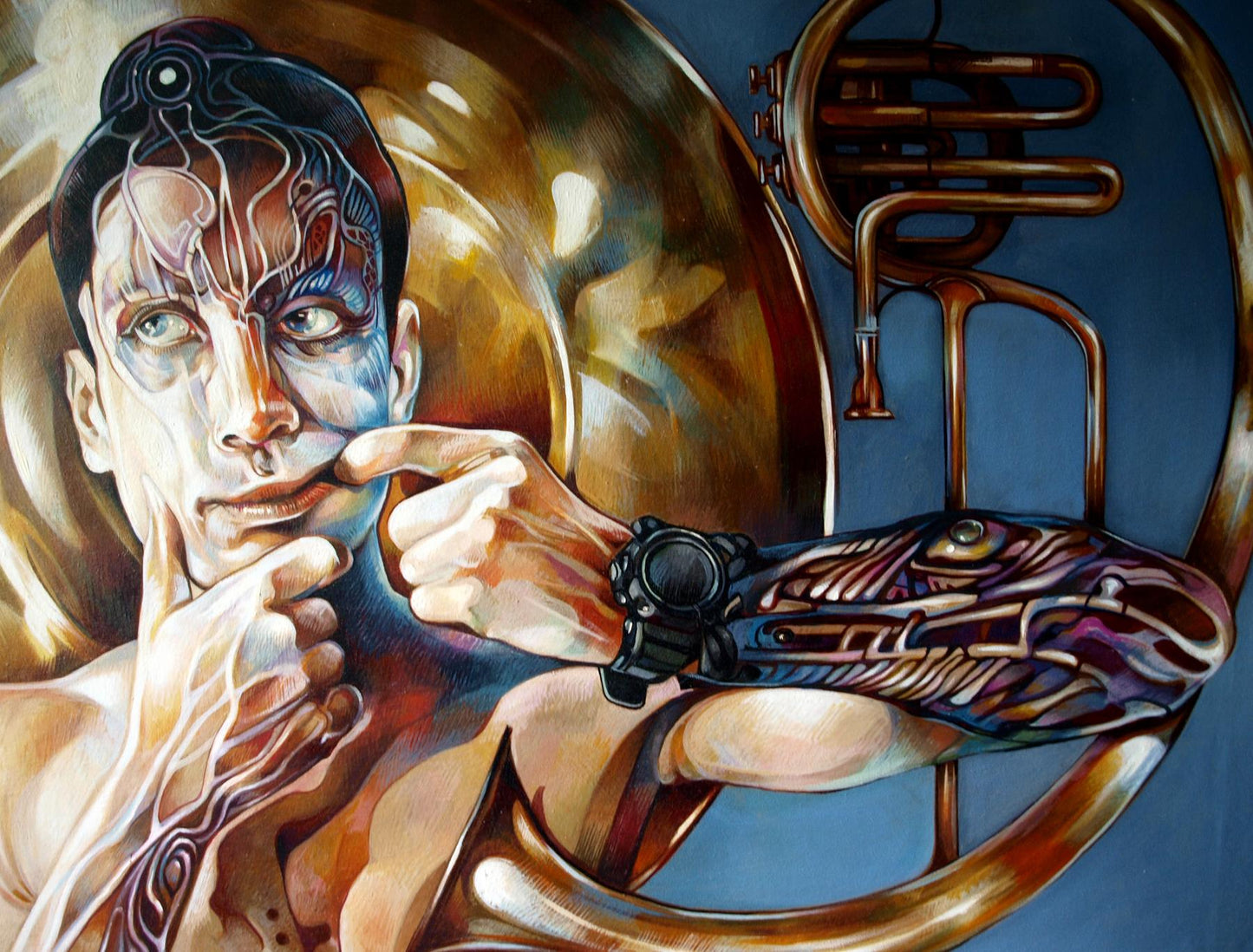 Black intricately designed watch on wrist in Oil painting Horns in my head by Konsta G. Amelinn