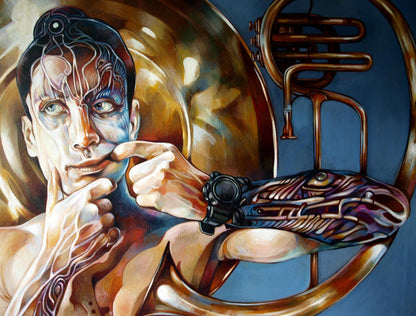 Black intricately designed watch on wrist in Oil painting Horns in my head by Konsta G. Amelinn