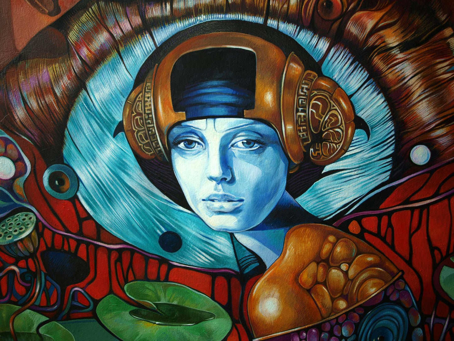 Oil painting Mirror of Consciousness by Konsta G. Amelinn: blue-skinned woman in ornate golden helmet on surreal swirling background