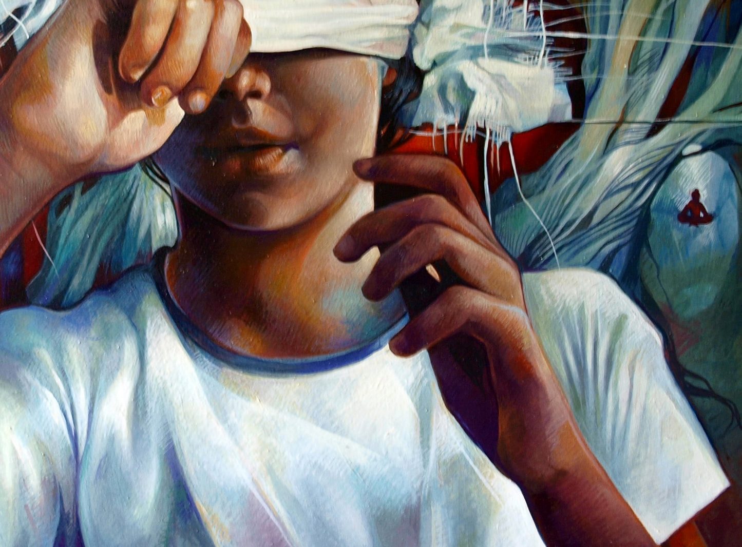 Person in white t-shirt with blue trim holds white blindfold over eyes in Silver Buddha Konsta G. Amelinn oil painting