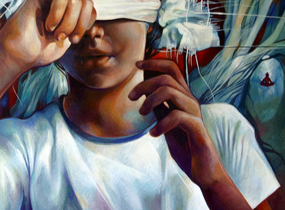 Person in white t-shirt with blue trim holds white blindfold over eyes in Silver Buddha Konsta G. Amelinn oil painting