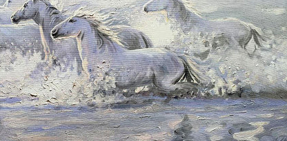 Oil painting Morning Jogging by Leonid Pavlenko: white horses galloping in water