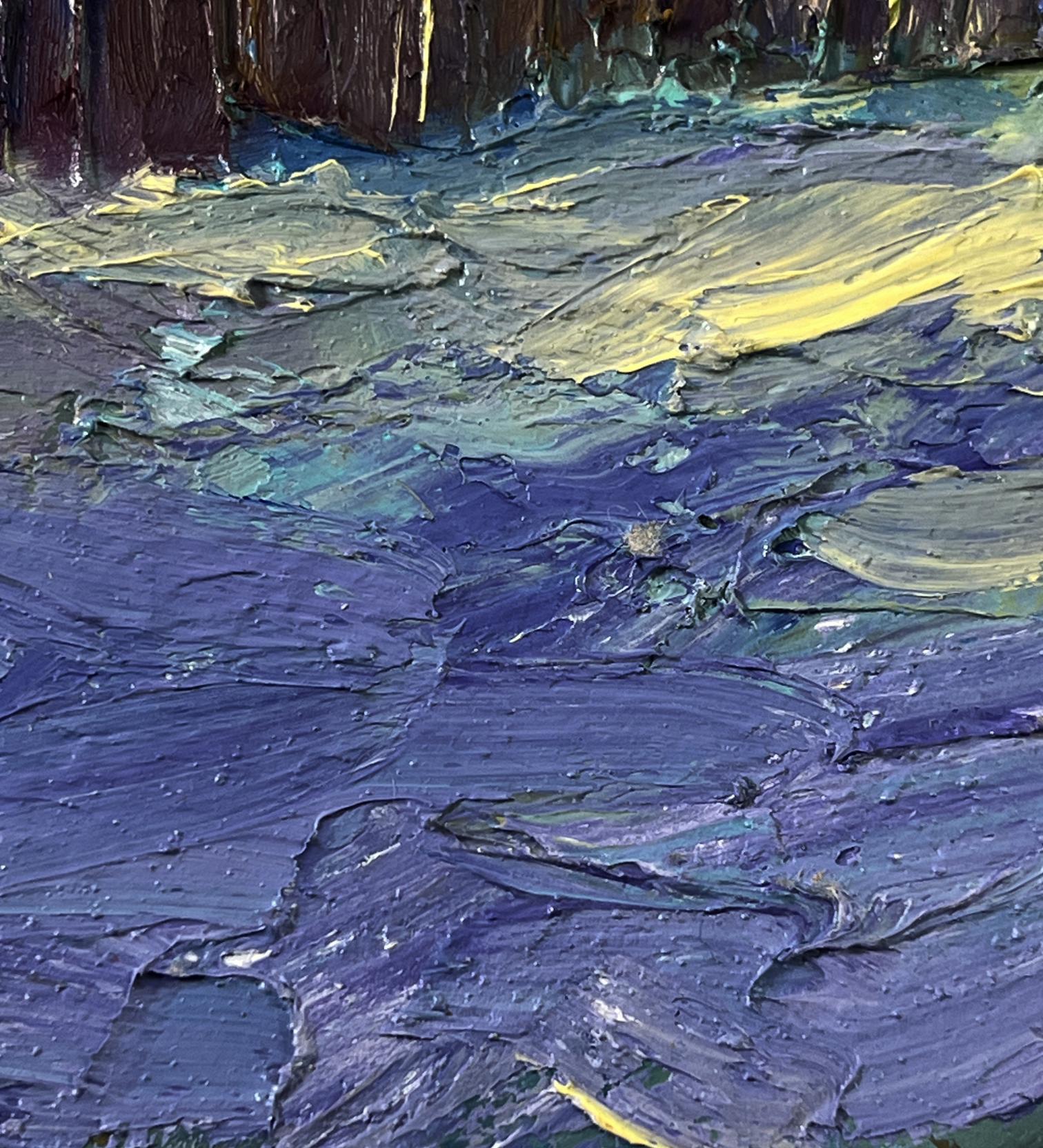 Oil painting Winter night in the village by Boris Serdyuk with impasto purples, blues, yellows