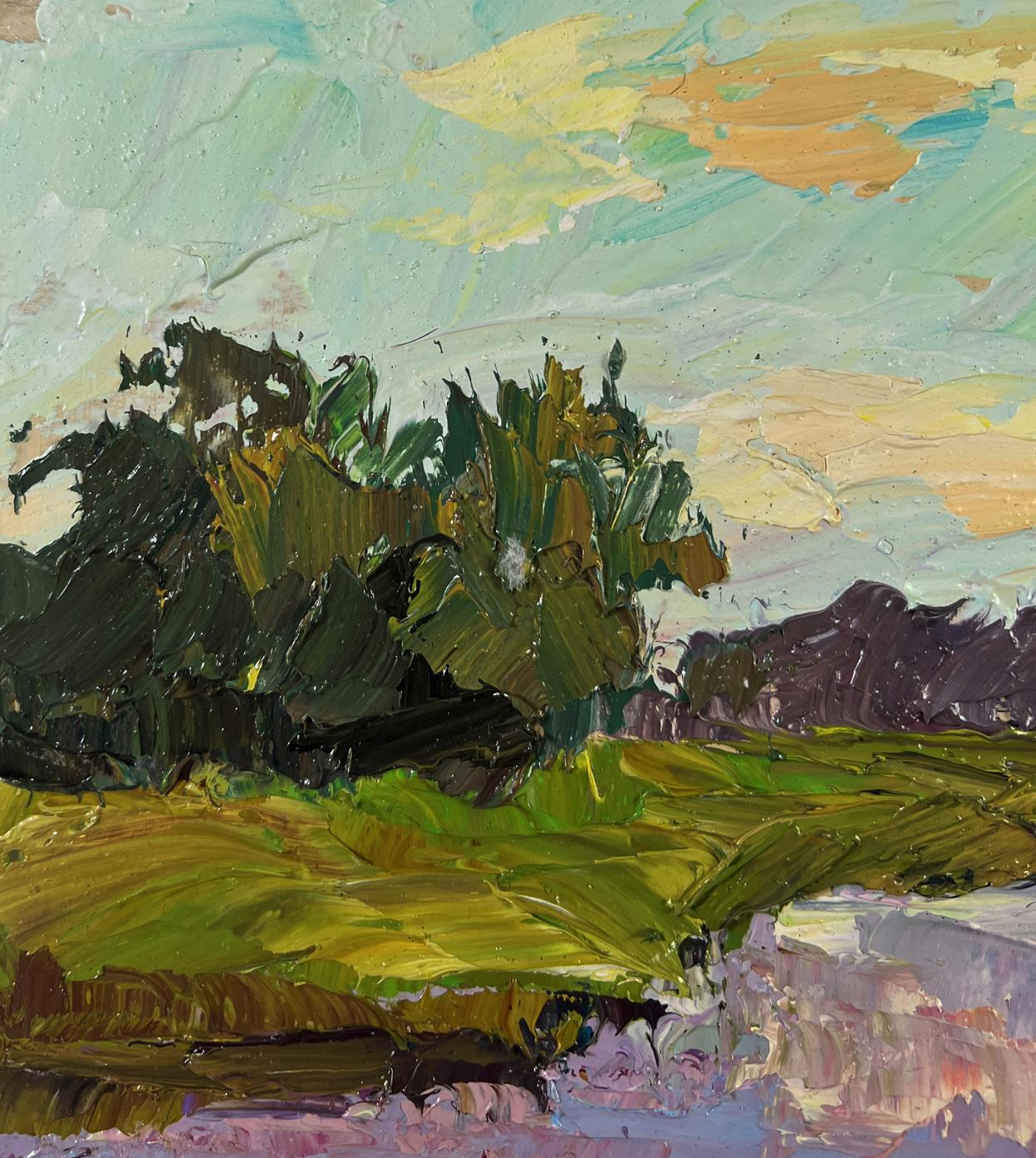Impasto oil painting by Boris Serdyuk: lush green foliage, teal sky, sunny hues