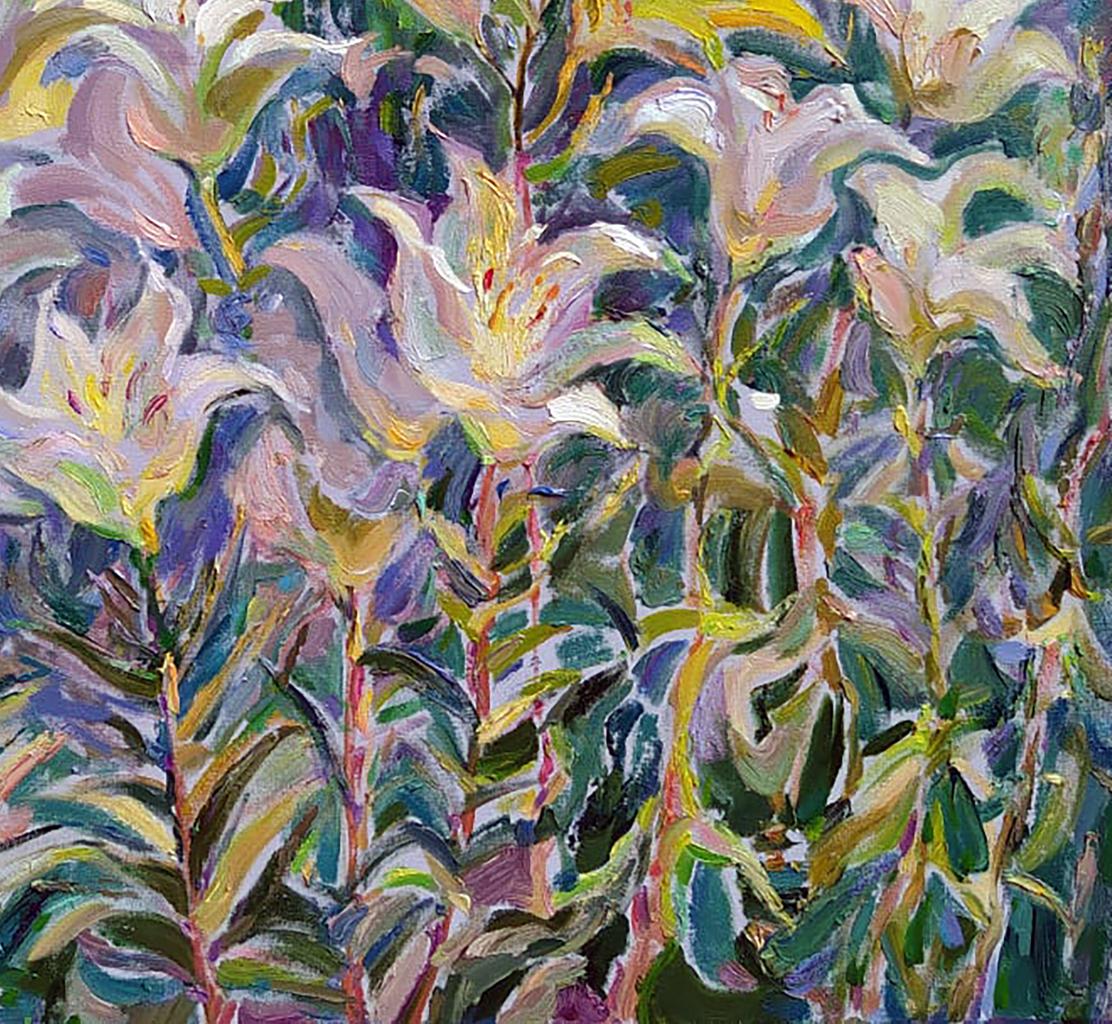 Vibrant impressionist oil painting Lilies in the garden by Leonid Pavlenko