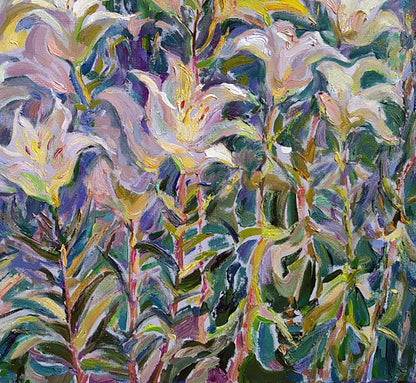 Vibrant impressionist oil painting Lilies in the garden by Leonid Pavlenko