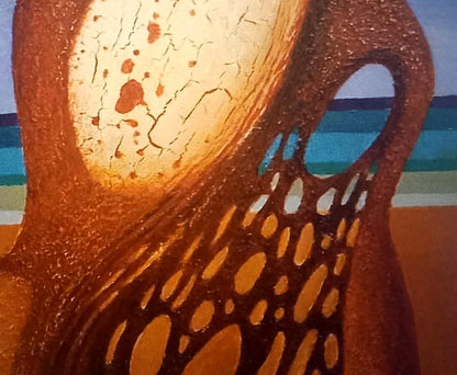 Oil painting Cocoon by Alexander Strashevich, textured earthy tones on teal stripes