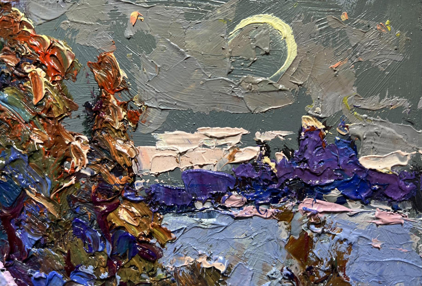 Oil painting There is a moon in the field by Oksana Ivanyuk textured purple blue orange moon
