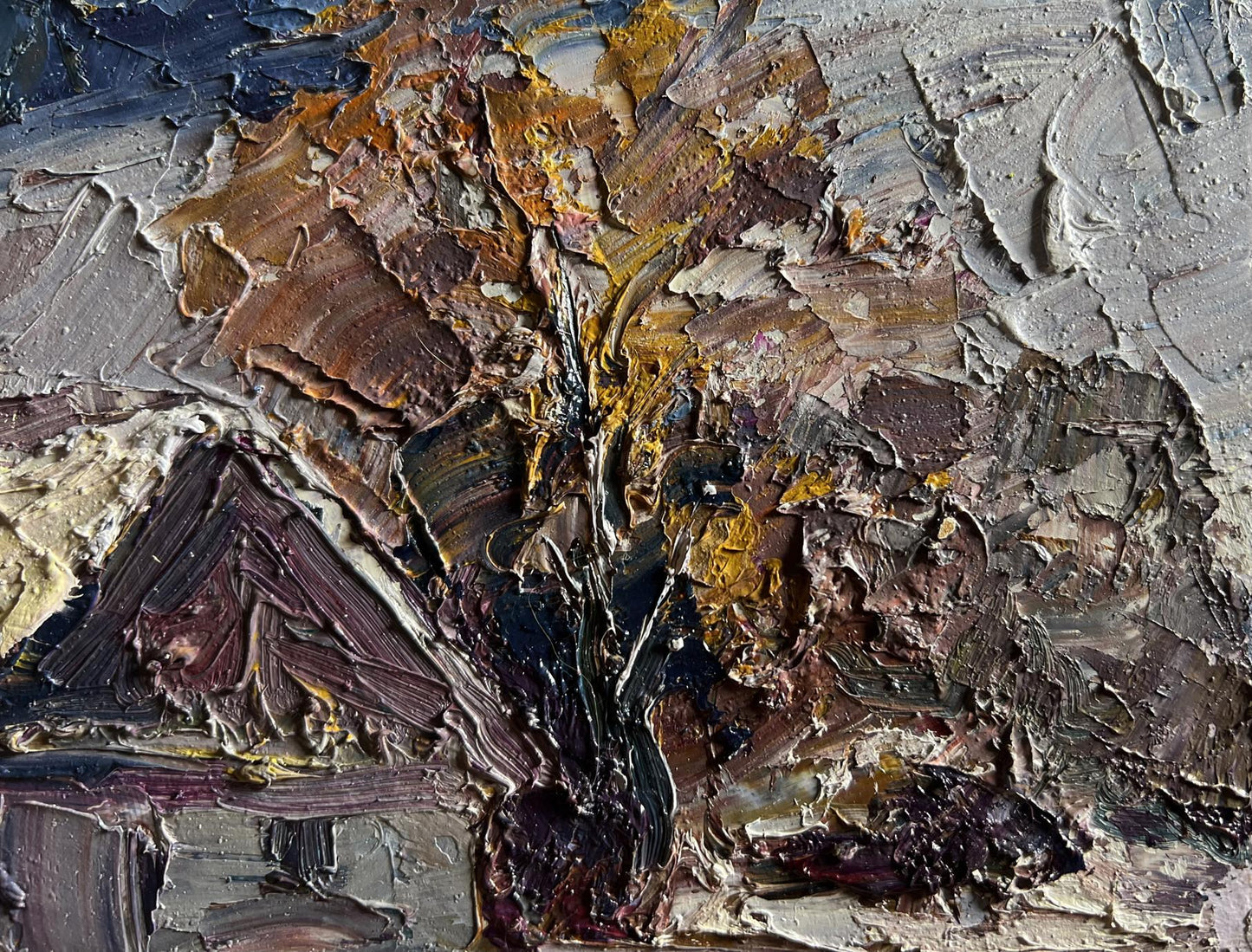 Textured oil painting of Boris Serdyuk winter village evening tree