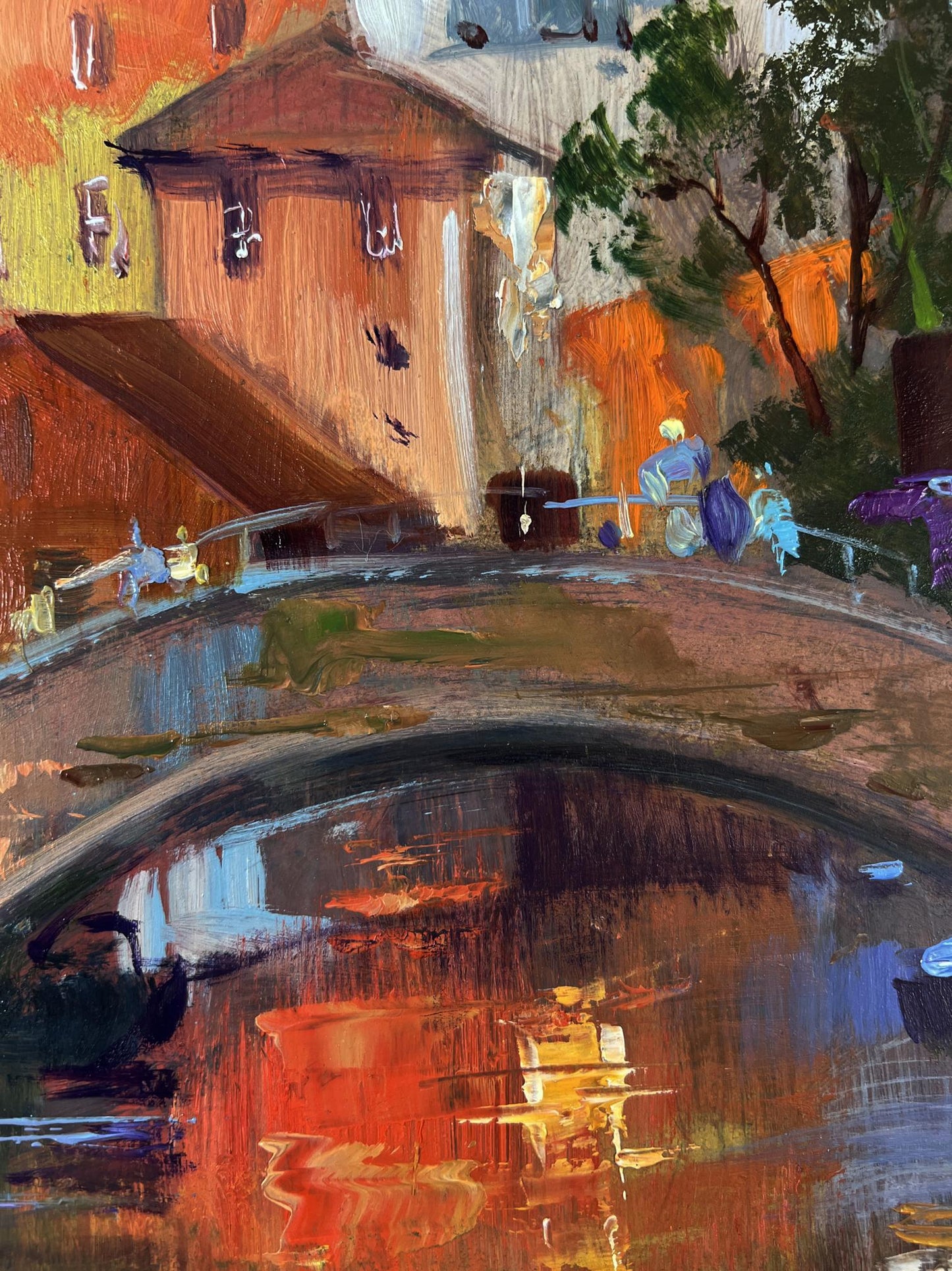 Vibrant impressionist oil painting of Yuriy Suprunchuk bridge over canal