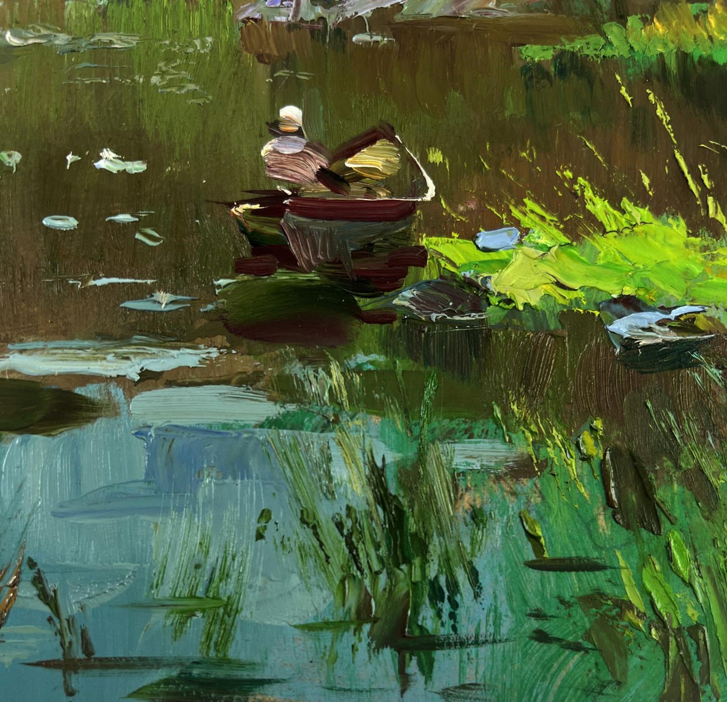 Rustic rowboat on calm green water with lily pads, Yuriy Suprunchuk oil painting