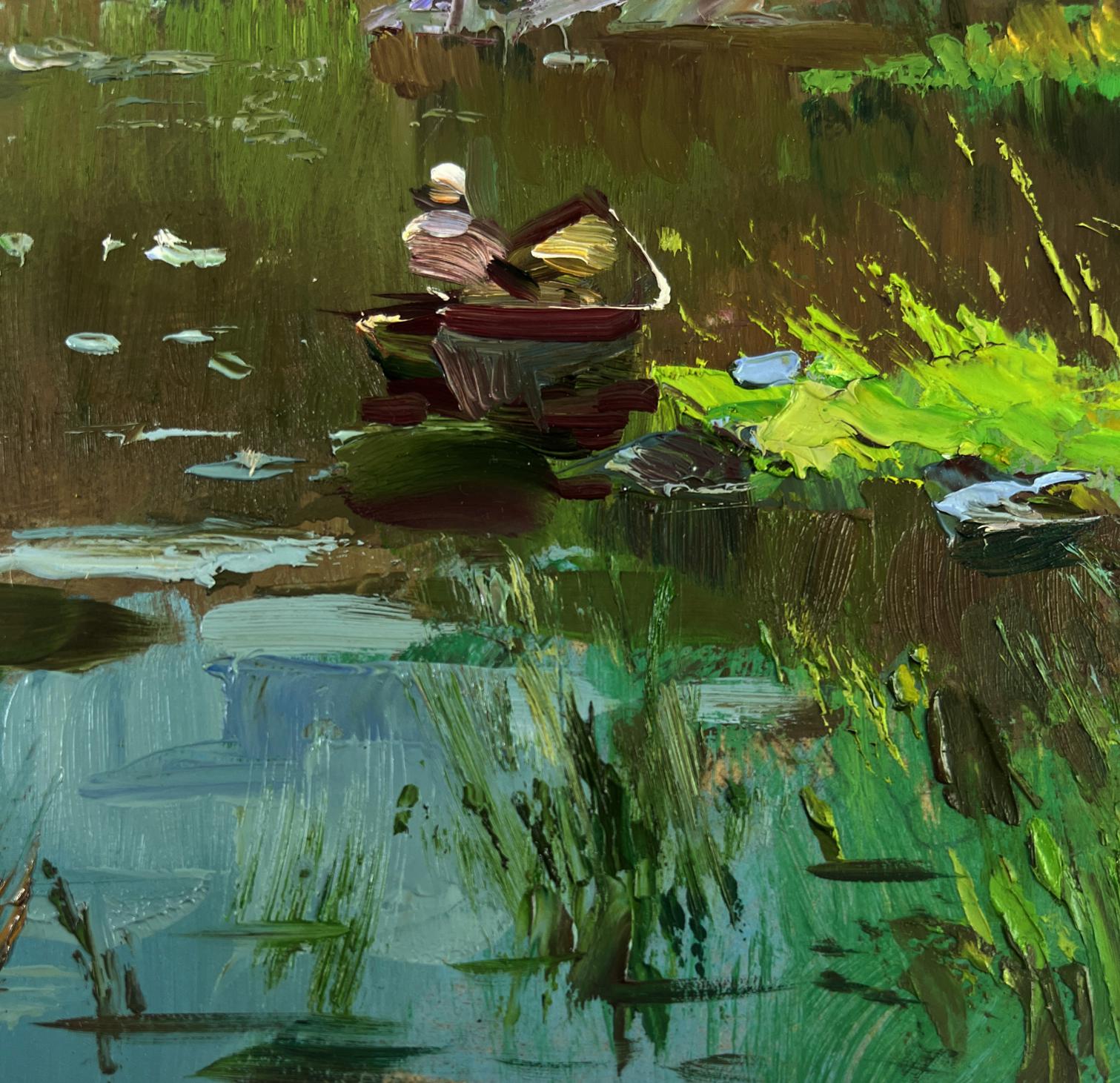 Rustic rowboat on calm green water with lily pads, Yuriy Suprunchuk oil painting