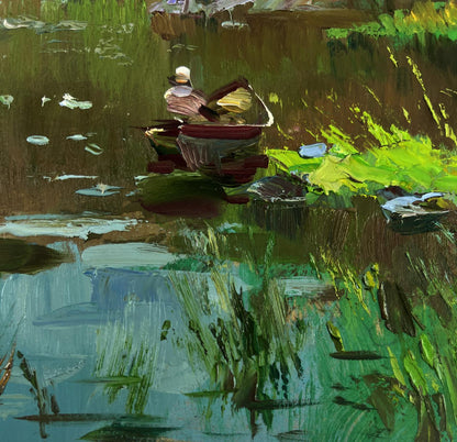 Rustic rowboat on calm green water with lily pads, Yuriy Suprunchuk oil painting