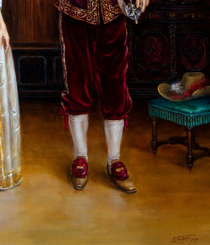 Rich burgundy velvet trousers with gold embroidery in Valeriy Bulat oil painting