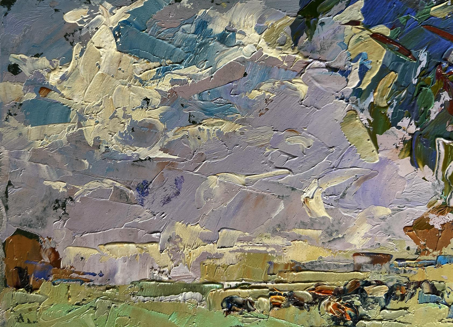 Oil painting of shepherd in field by Oleksiy Ivanyuk, impasto blues and earth tones