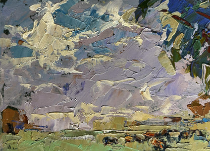 Oil painting of shepherd in field by Oleksiy Ivanyuk, impasto blues and earth tones