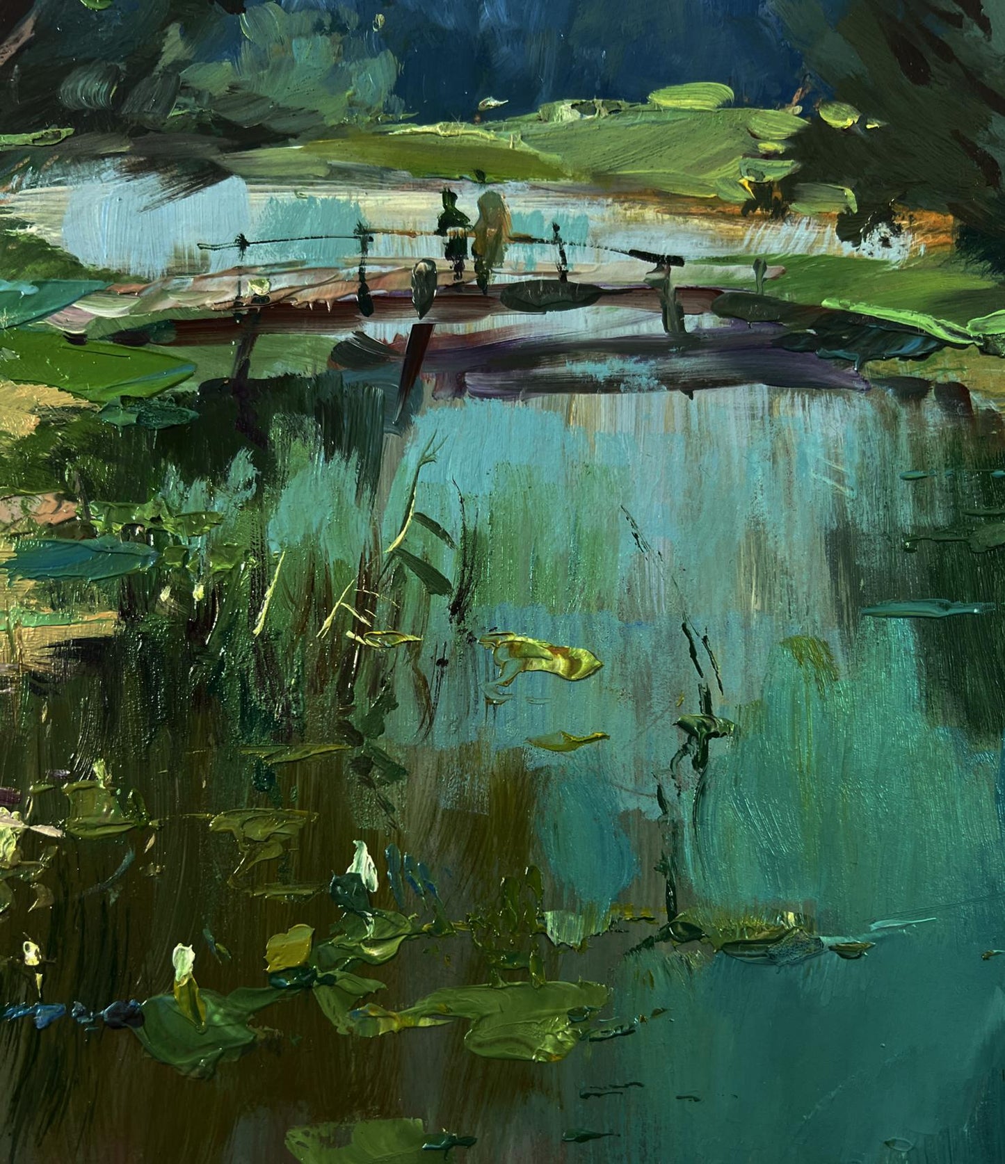 Impressionistic oil painting of Yuriy Suprunchuk bridge over pond