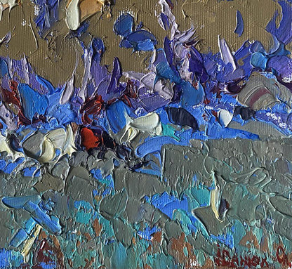 Oil painting They are grazing in the field by Oleksiy Ivanyuk with bold blue impasto brushstrokes