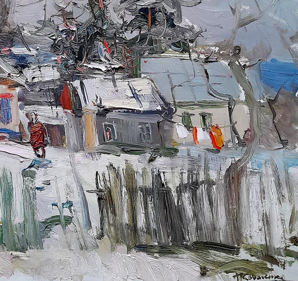 Abstract snowy village by Ivan Kovalenko impasto painting