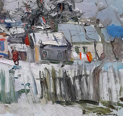 Abstract snowy village by Ivan Kovalenko impasto painting
