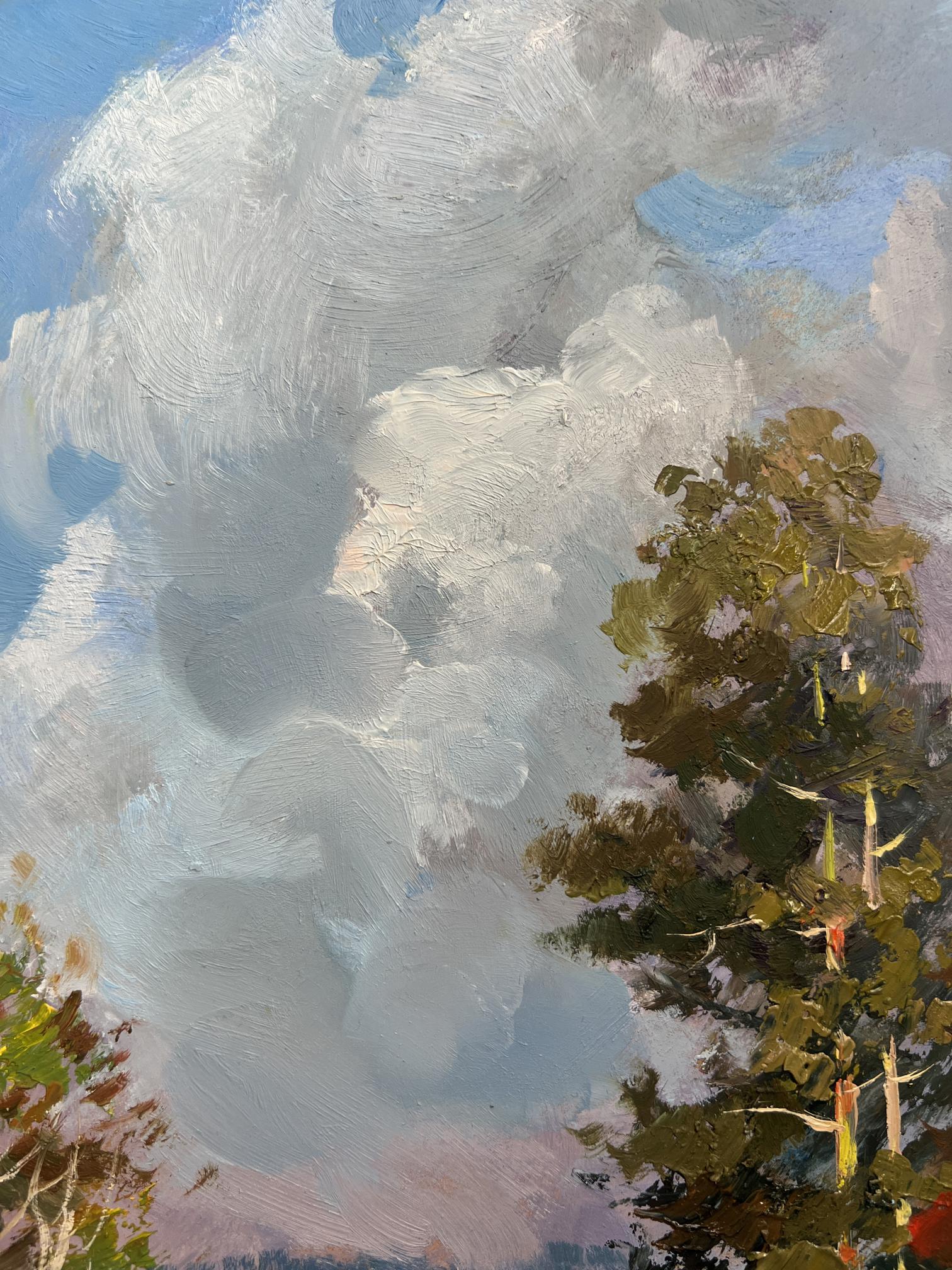Oil painting Into the depths of the forest by Yuriy Suprunchuk with clouds and trees