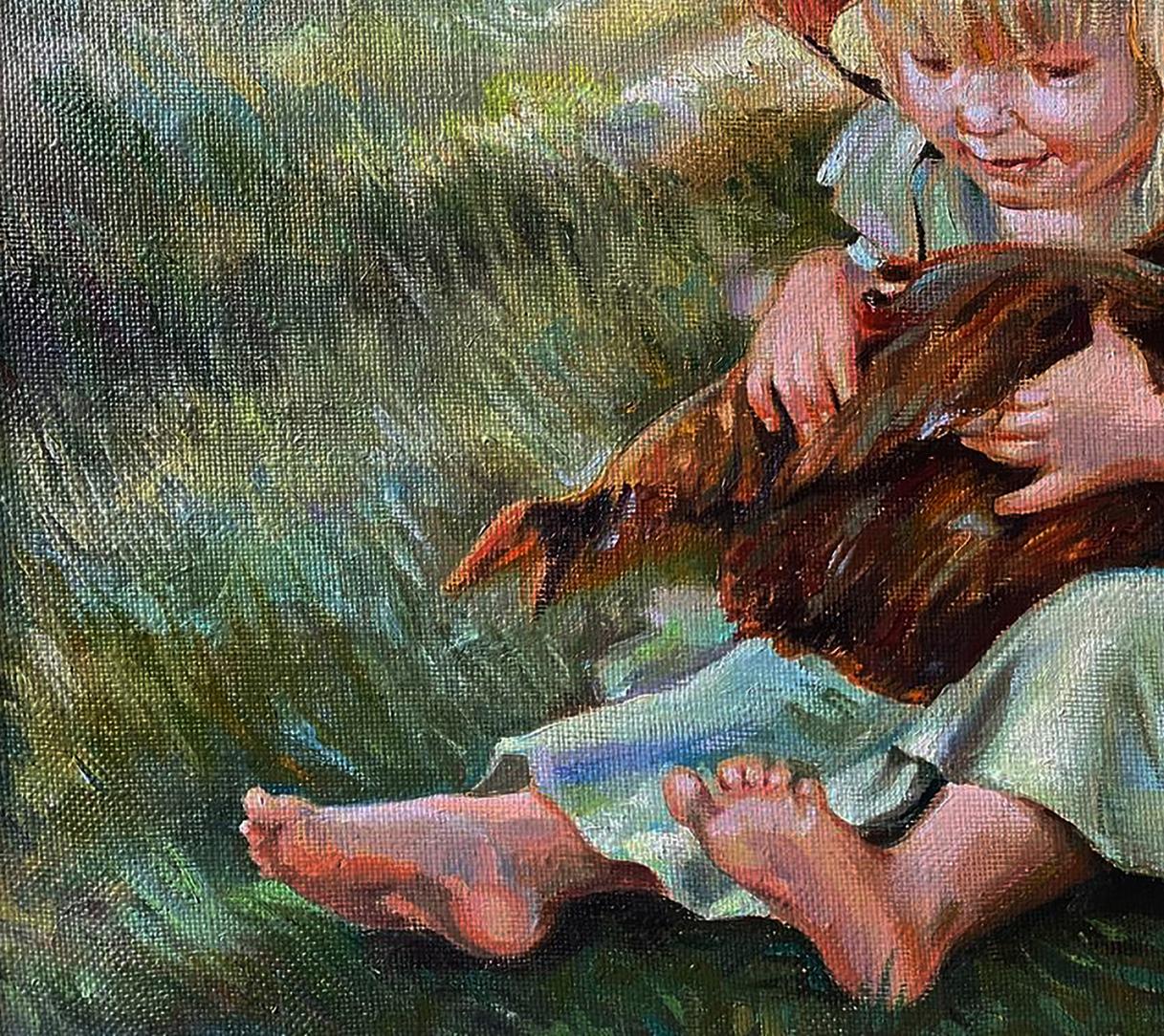 Oil painting Favorite Chicken by Natalia Bulat: child cradling brown hen
