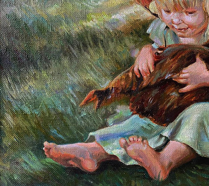 Oil painting Favorite Chicken by Natalia Bulat: child cradling brown hen