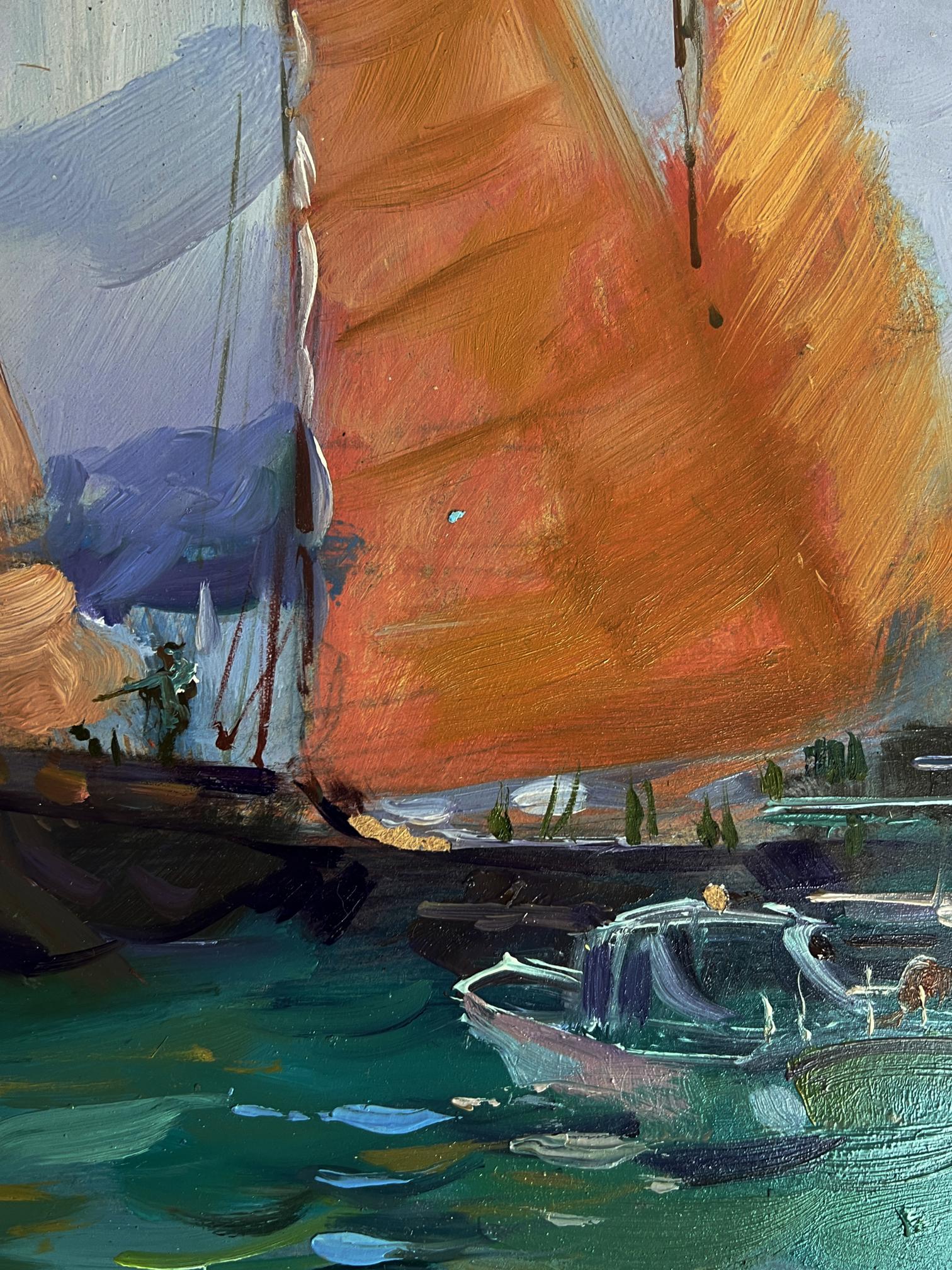 Vibrant orange sailboat by Yuriy Suprunchuk glides on turquoise sea, oil painting