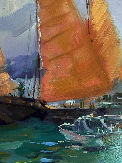 Vibrant orange sailboat by Yuriy Suprunchuk glides on turquoise sea, oil painting
