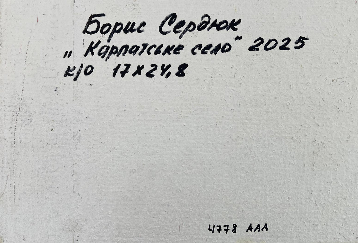 Back of Boris Serdyuk oil painting with handwritten forest mountains inscription