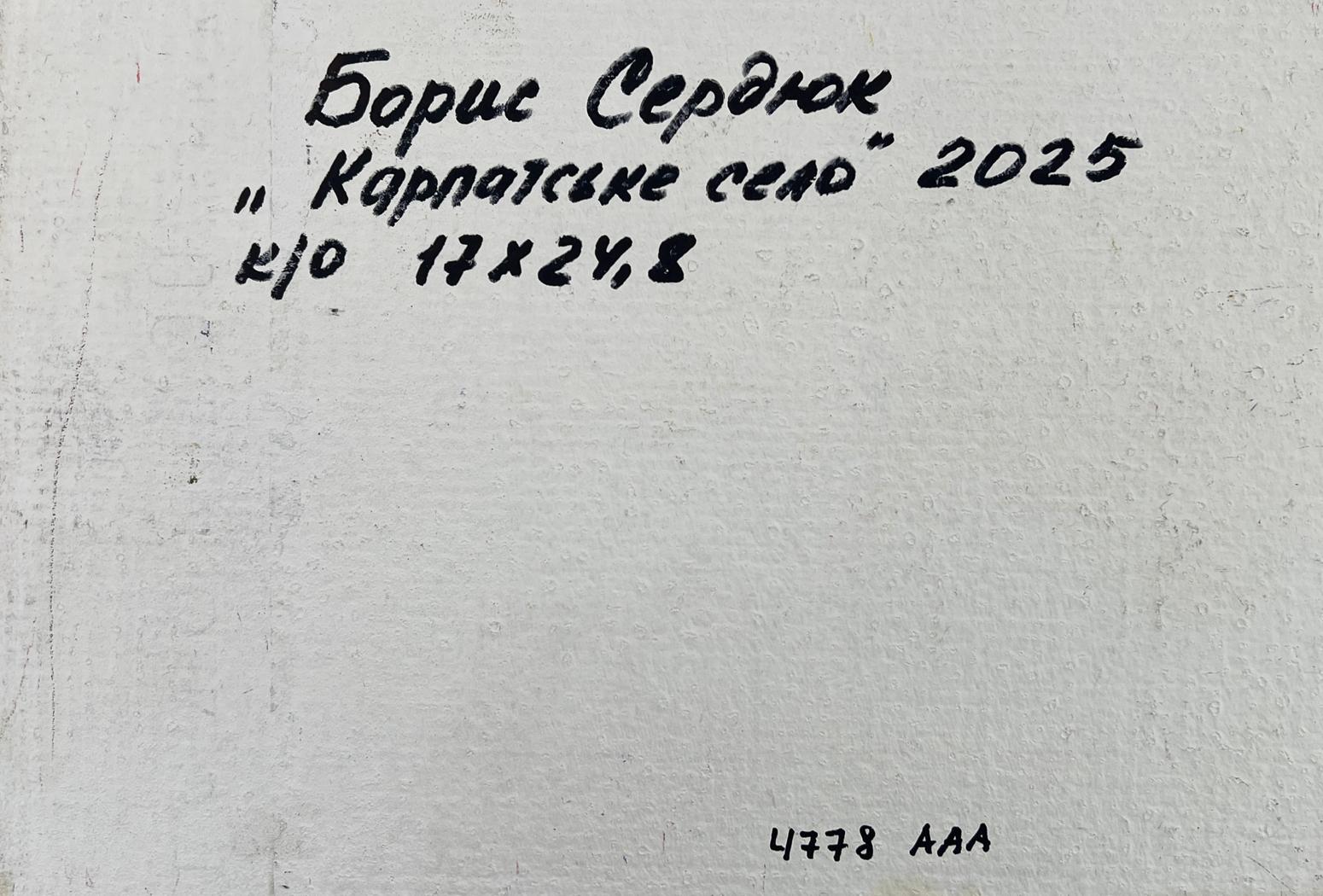 Back of Boris Serdyuk oil painting with handwritten forest mountains inscription