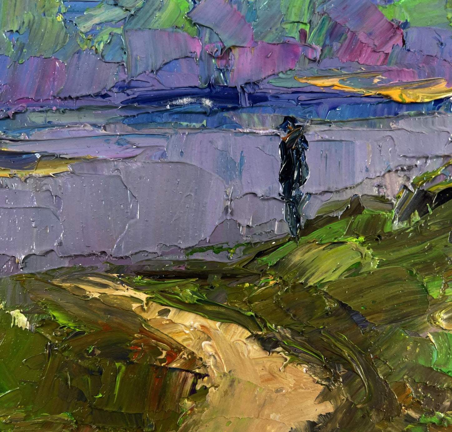 Oil painting Morning walk along the river by Boris Serdyuk, solitary figure in vibrant impasto landscape