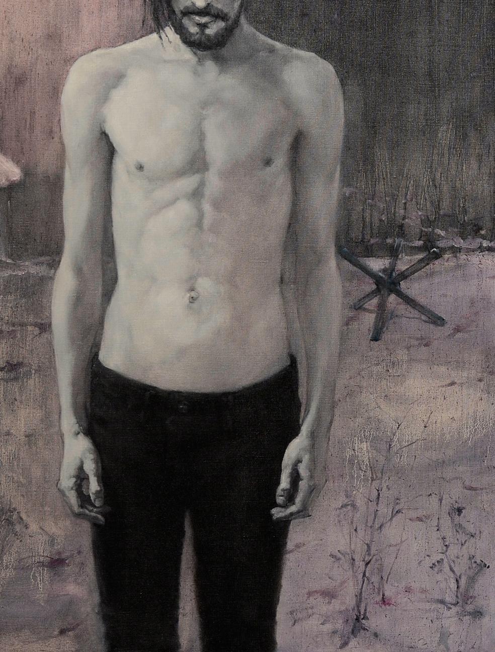 Monochromatic oil painting of shirtless man with abs by Oleg Kateryniuk