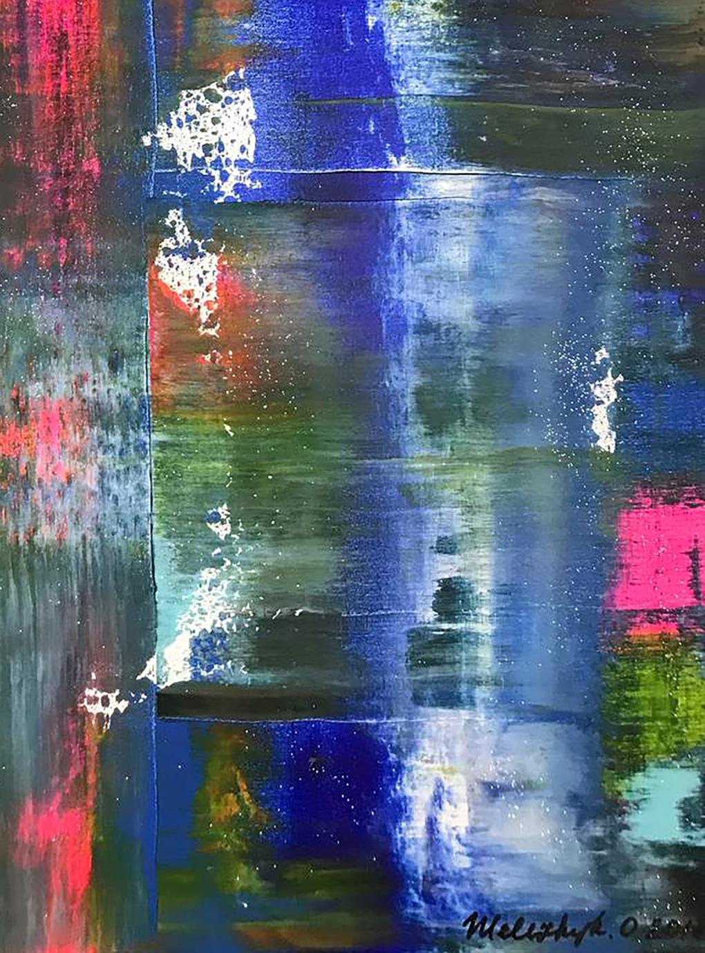 Acrylic painting Ultramarine Drive by Olga Melezhik, bold blue pink green stripes