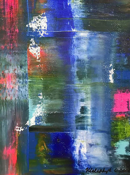 Acrylic painting Ultramarine Drive by Olga Melezhik, bold blue pink green stripes