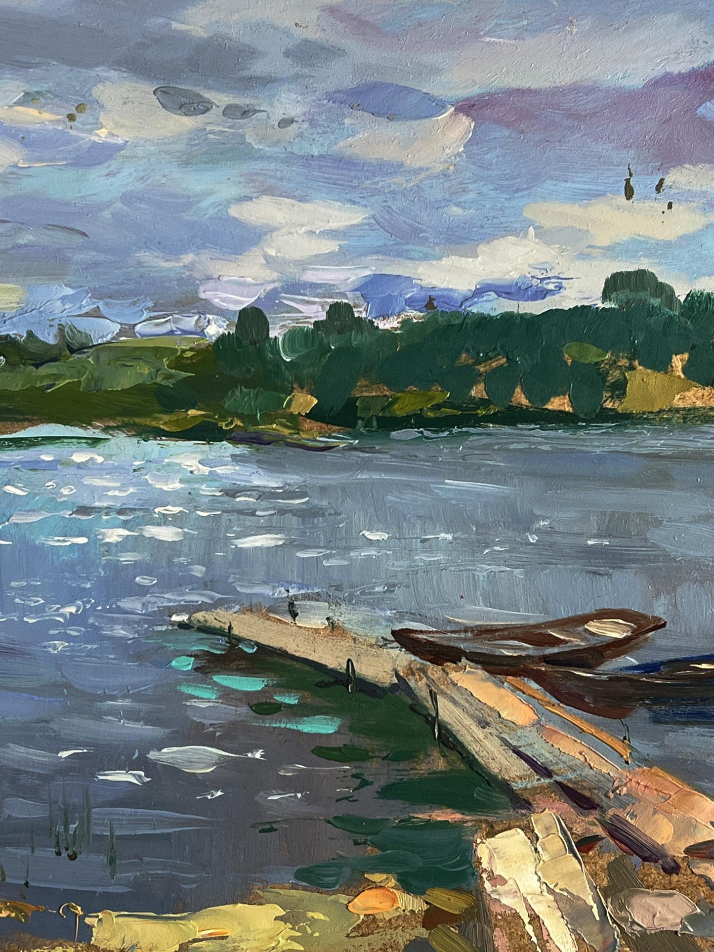 Oil painting of summer fishing on river: rustic dock with rowboat by Yuriy Suprunchuk