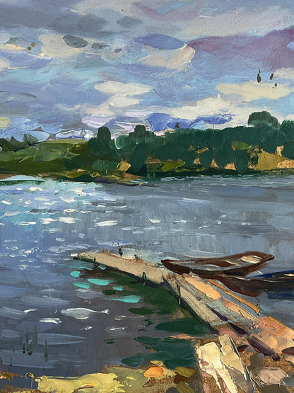 Oil painting of summer fishing on river: rustic dock with rowboat by Yuriy Suprunchuk
