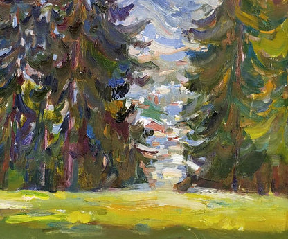 Vibrant impressionist oil painting of spruce trees by Leonid Pavlenko