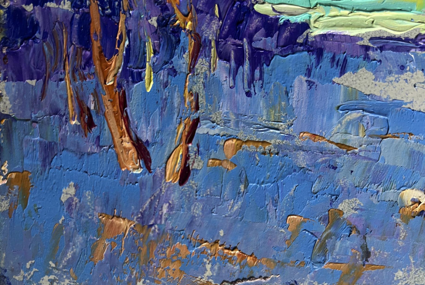 Oil painting Winter evening with sunset by Oleksiy Ivanyuk, textured blue impasto