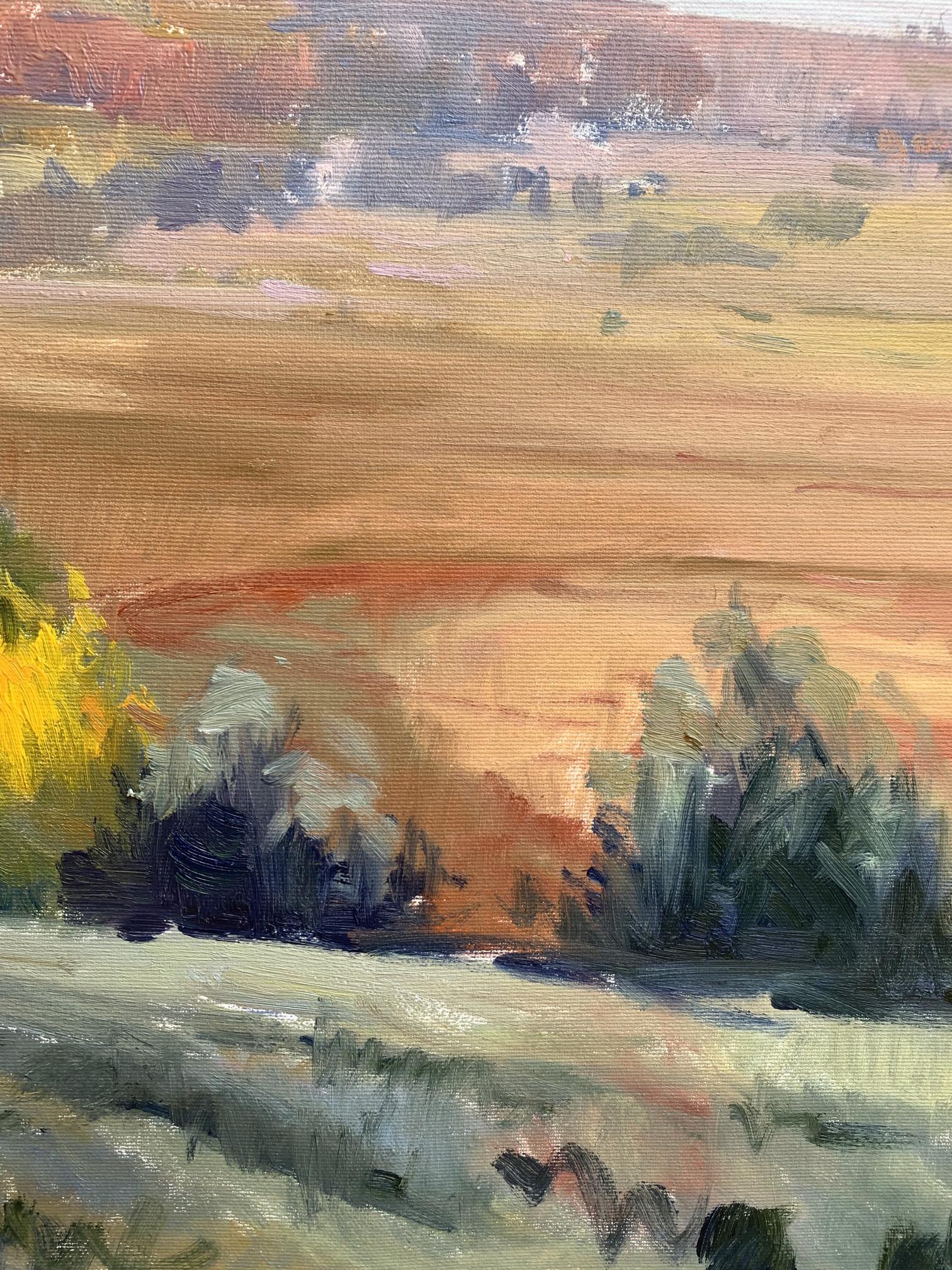 Oil painting Hot day by Tatyana Derdey textured landscape in warm tones